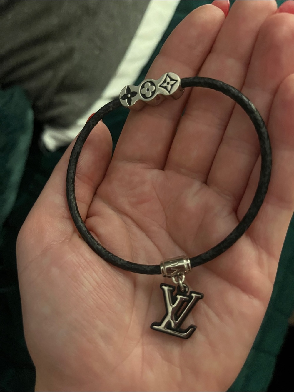 Louis Vuitton Black Braided Leather Bracelet with Silver LV Charm